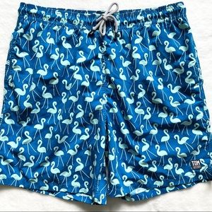 TOM & TEDDY FLAMINGO PRINT MEN’S SWIM TRUNKS SIZE XXL BEACH POOL VACATION